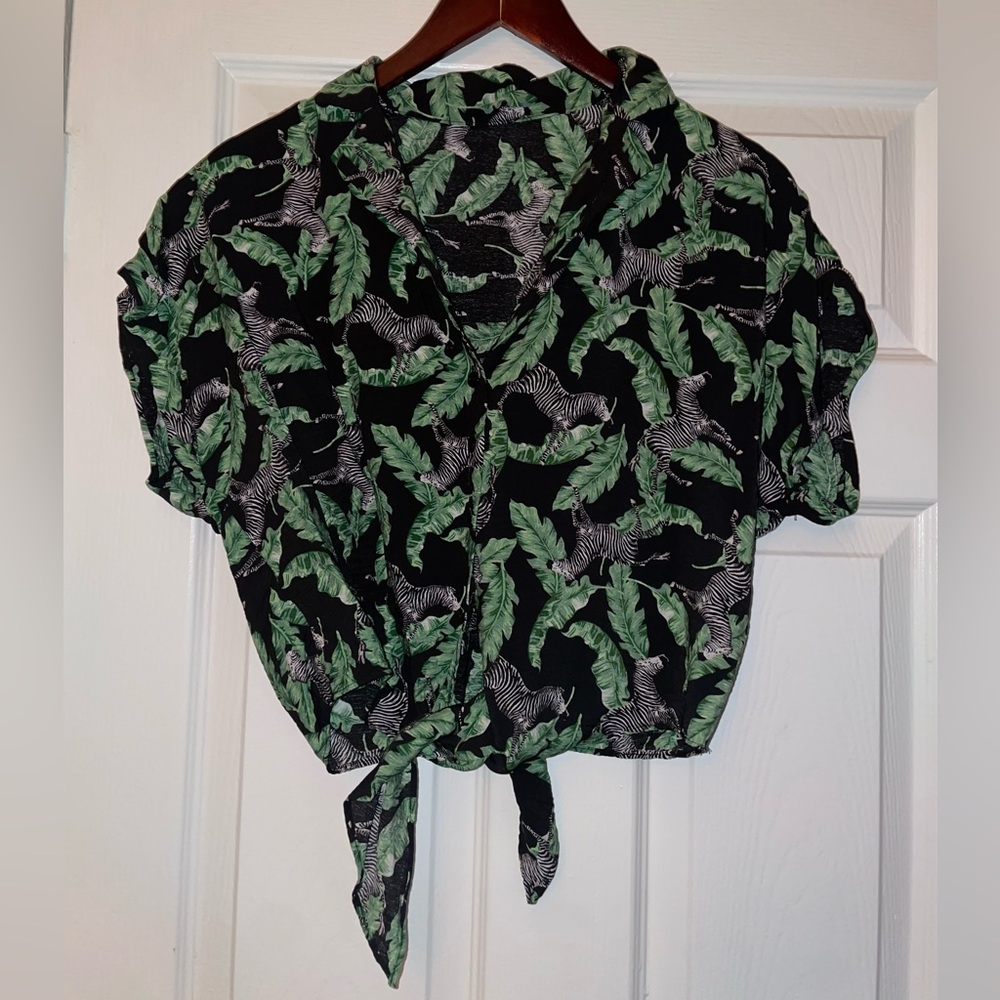 Black Zebra and Green Leaves Button Up Front Tie Crop